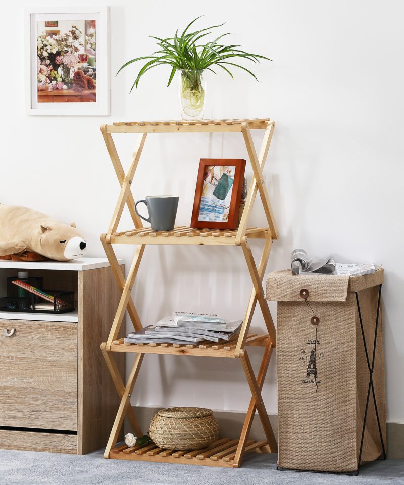 Multi storey solid wood foldable 4 tier display shelf, practical & convenient, foldable for easy storage